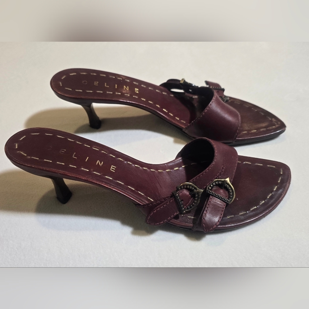 Celine Vintage Dark Mahogany Leather Buckle Mules Size 38 - Picture 1 of 8